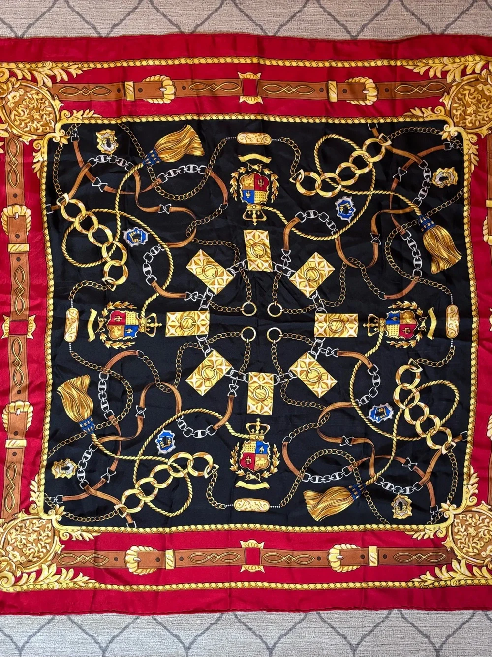 Vintage Equestrian Chain & Crest Square Scarf – Red Black Gold